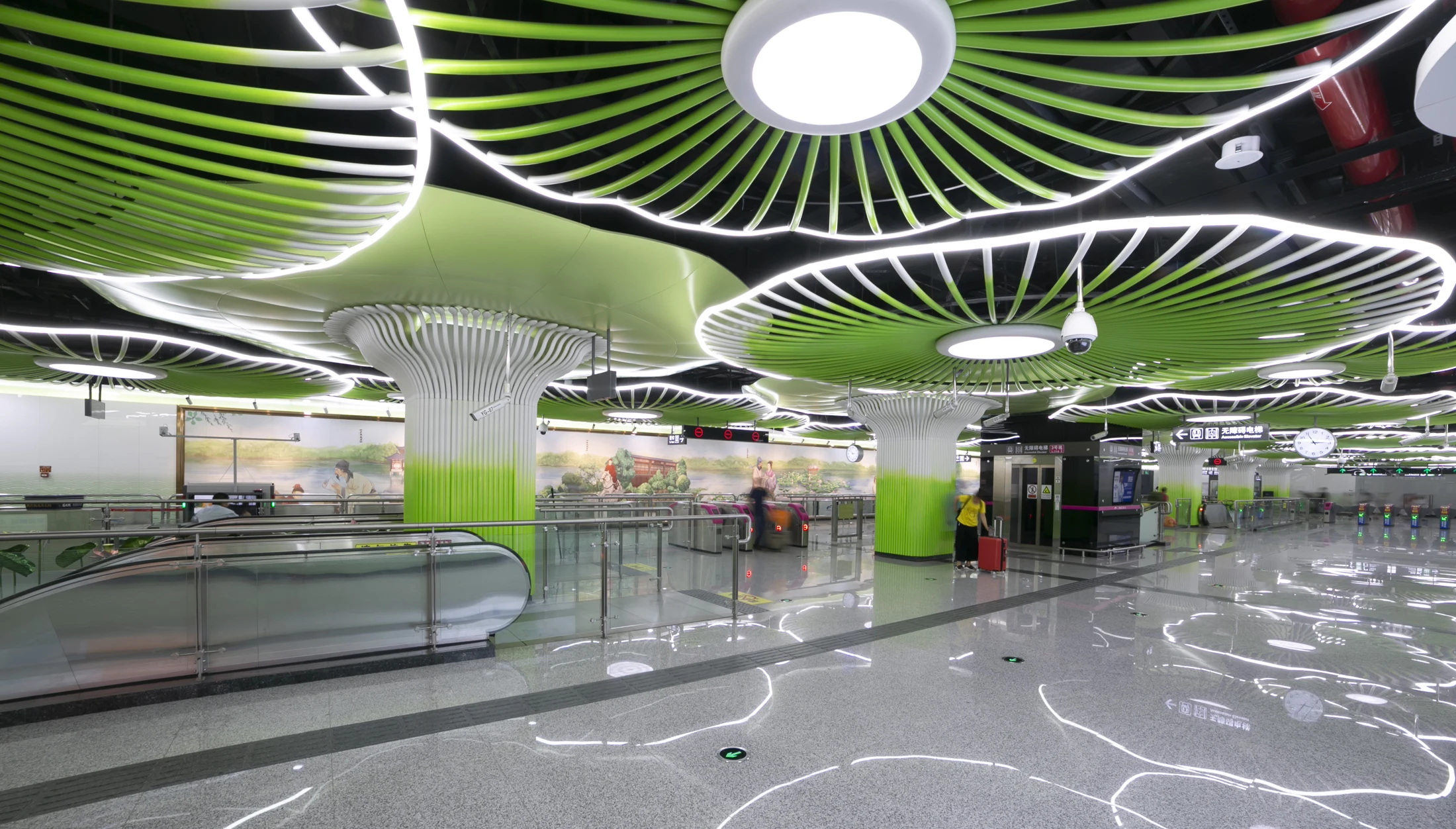Colourful station & concourse ceilings — third-party installation reference
