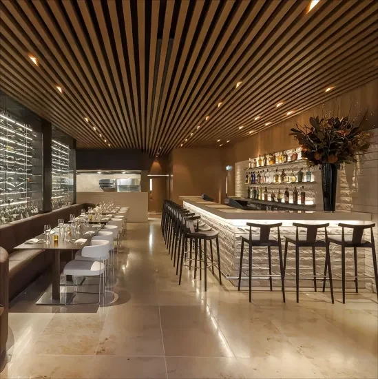 Wood-effect metal baffles in a contemporary restaurant