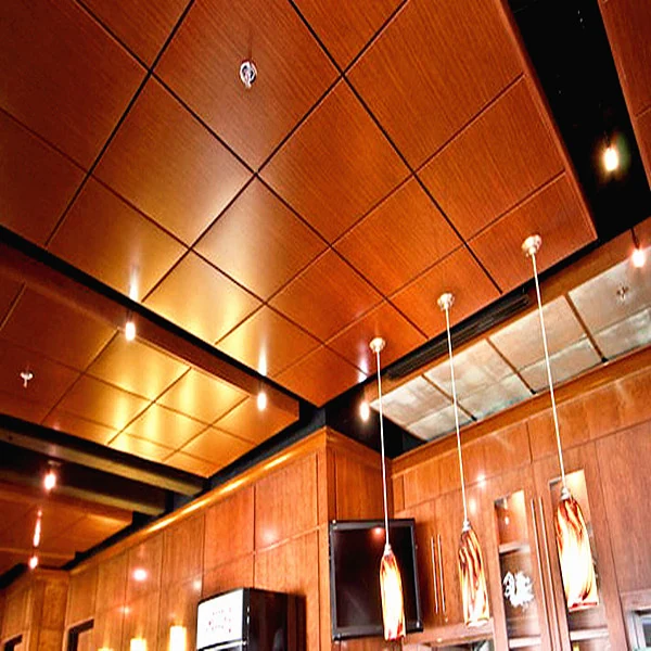 Wood-effect aluminium tile ceiling with integrated lighting