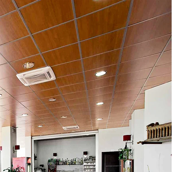 Wood-grain metal tiles in a hospitality interior