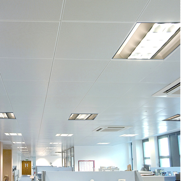 White lay-in metal ceiling in an office interior