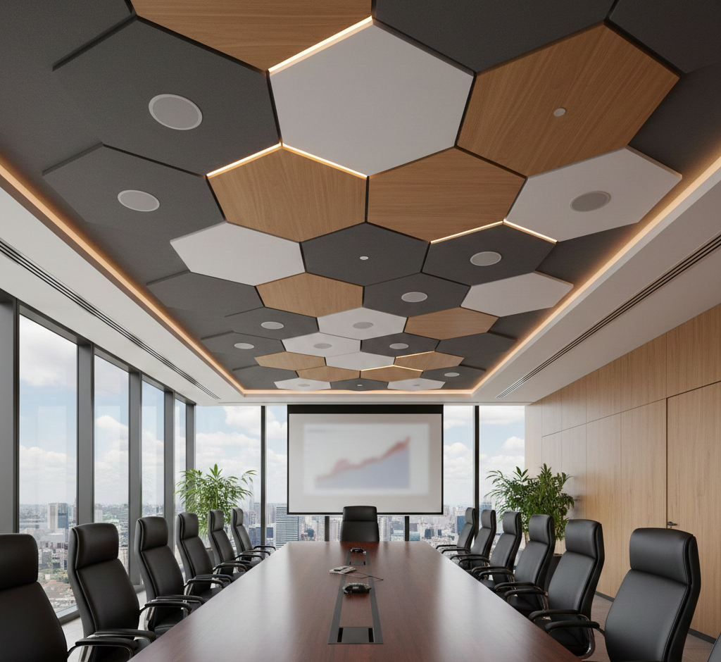 Honeycomb Plate Ceiling — mixed wood-effect, white and charcoal design reference