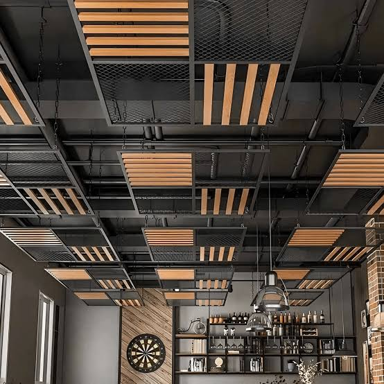 Mosaic Mesh & Slat Ceiling — suspended module design reference