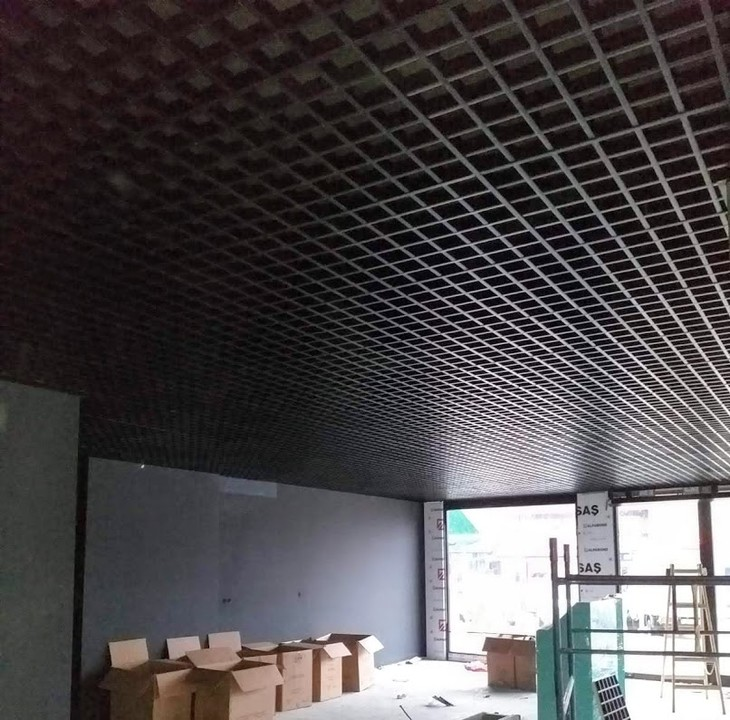 Dark open-cell grid ceiling installation reference
